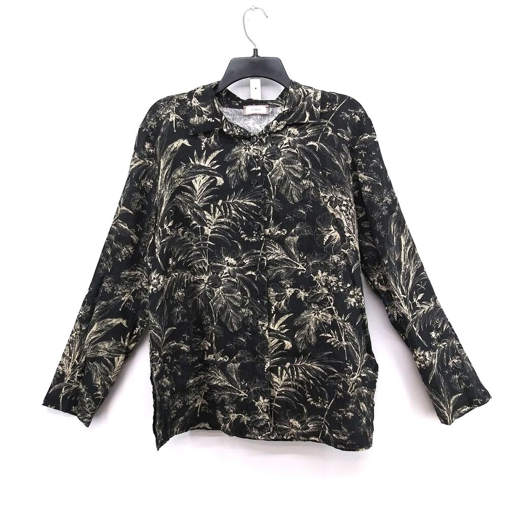 SAIPH LAB Shirt Womens Size L Black White Floral Linen Blend Button Up Top